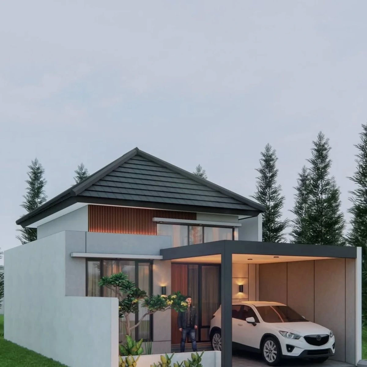 Rumah Atap Miring ke Belakang dengan Skylight Transparan